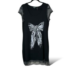 TRICOTTO Viscose Blend Black Popover Dress Mesh Trim w/ Polka Dots US Sz XL